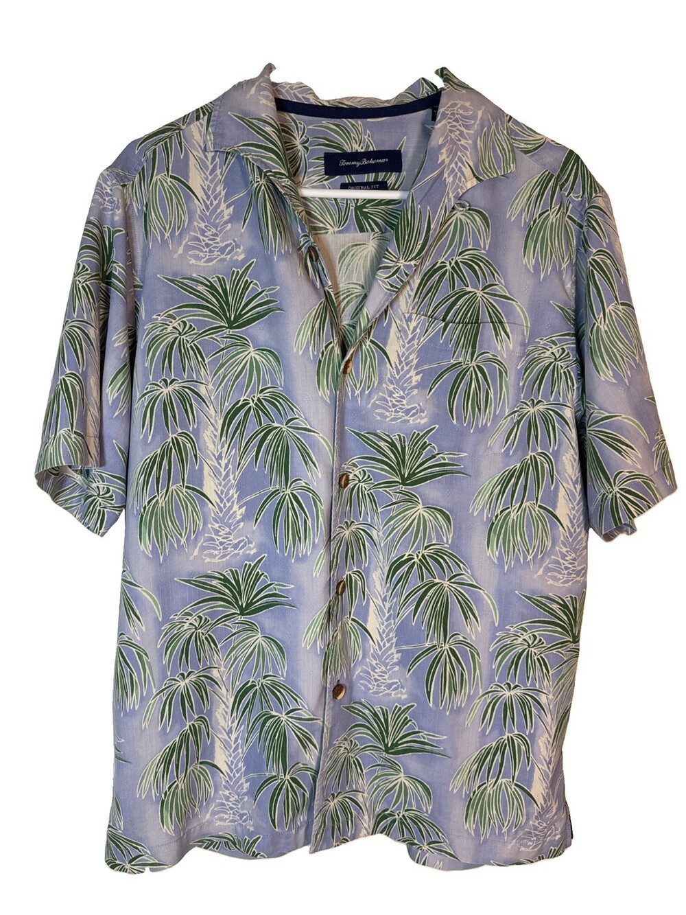 Tommy Bahama Shirt Small S Blue Palm Leaf 70% Silk Blend Wooden Buttons Original